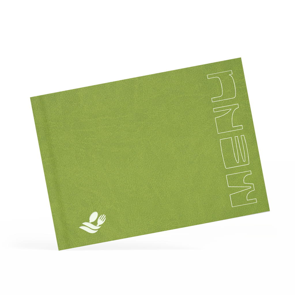 A classy clamp menu with a green cover featuring a white 'menu' logo.