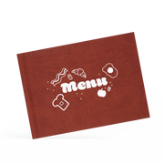 A classy clamp menu with a brown cover featuring a white 'menu' logo.