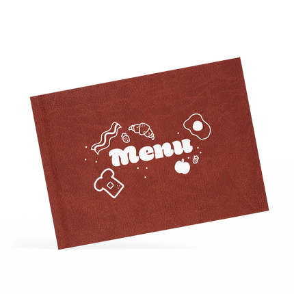 A classy clamp menu with a brown cover featuring a white 'menu' logo.