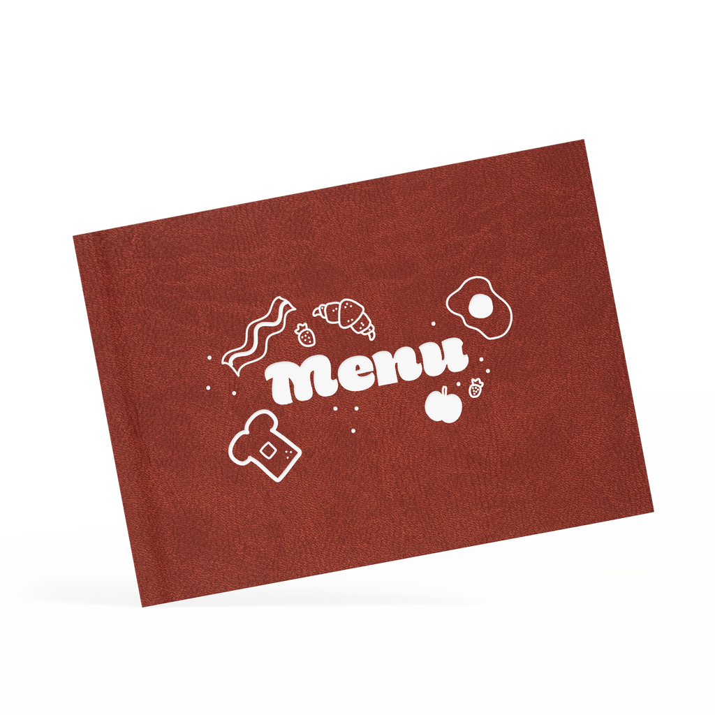 A classy clamp menu with a brown cover featuring a white 'menu' logo.