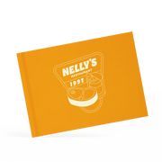 A classy clamp menu with a yellow cover featuring a white 'Nelly's' logo.
