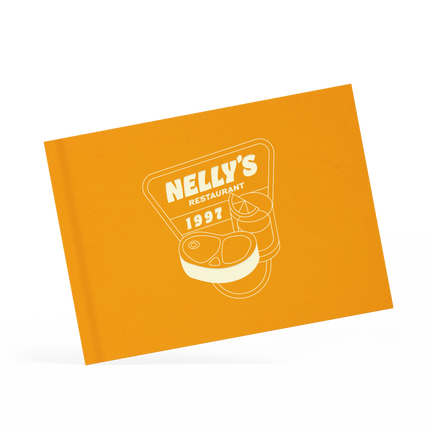 A classy clamp menu with a yellow cover featuring a white 'Nelly's' logo.