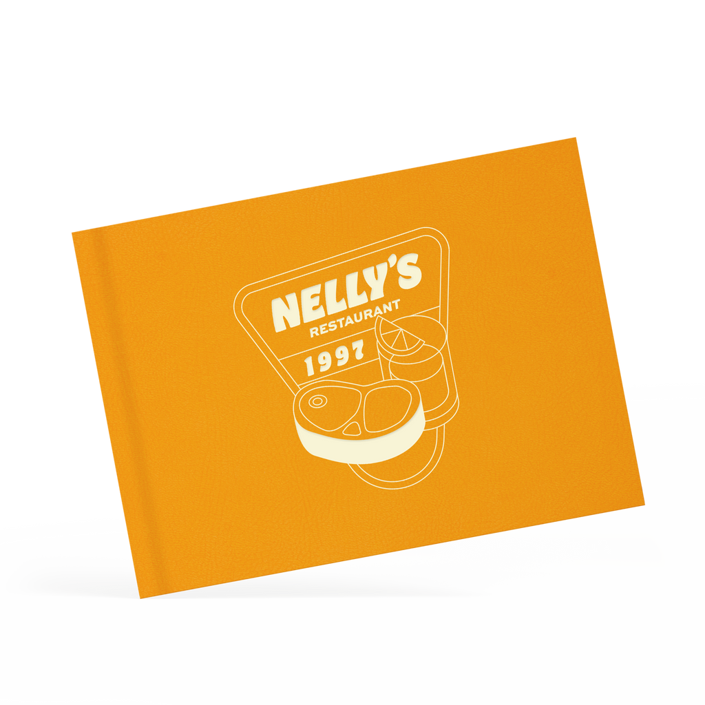 A classy clamp menu with a yellow cover featuring a white 'Nelly's' logo.