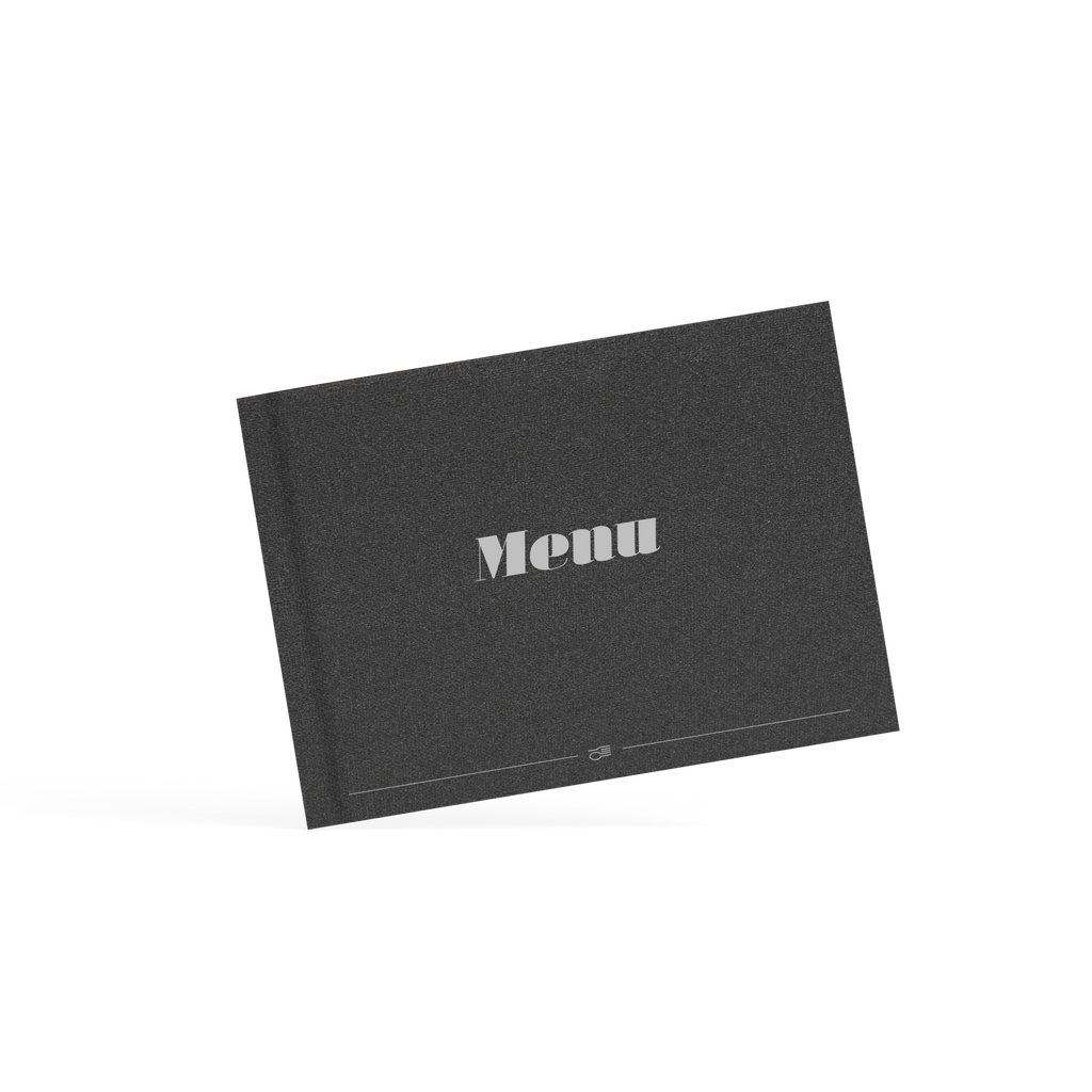 Black menu cover with 'Menu' text on a white background