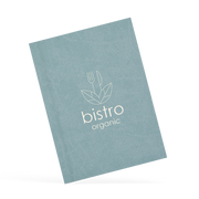 A classy clamp menu with a blue cover featuring a white 'bistro organic' logo.
