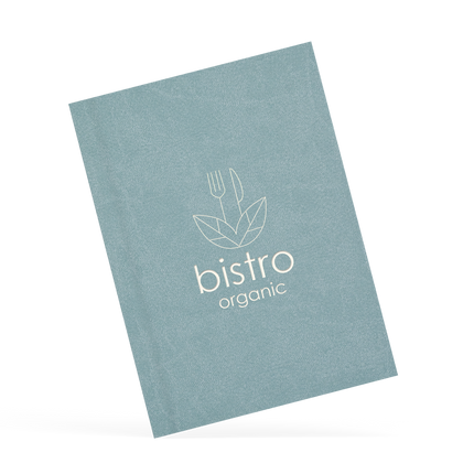 A classy clamp menu with a blue cover featuring a white 'bistro organic' logo.