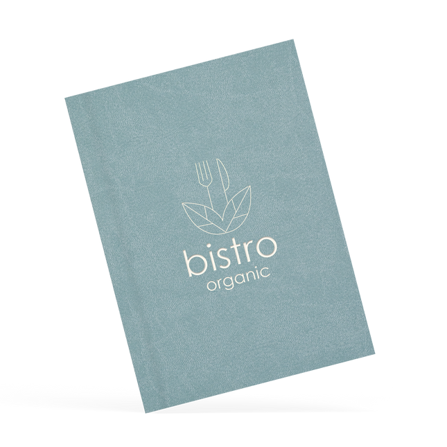 A classy clamp menu with a blue cover featuring a white 'bistro organic' logo.