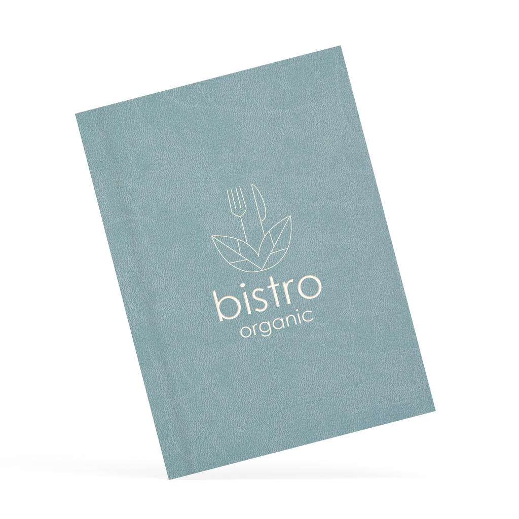 A classy clamp menu with a blue cover featuring a white 'bistro organic' logo.