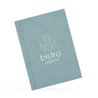 A classy clamp menu with a blue cover featuring a white 'bistro organic' logo.