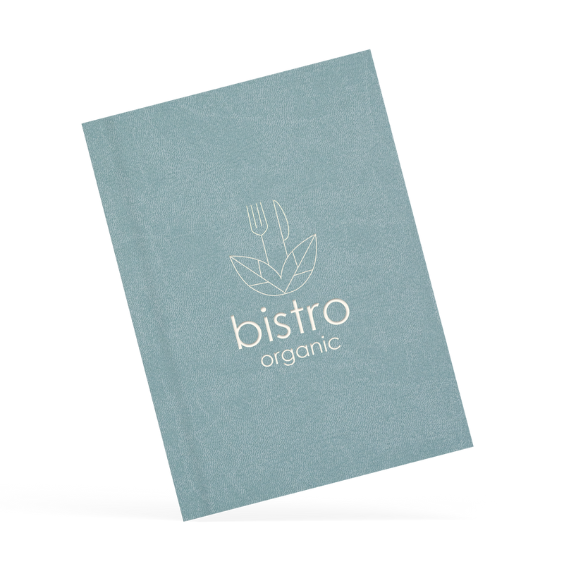 A classy clamp menu with a blue cover featuring a white 'bistro organic' logo.
