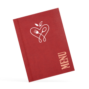 A classy clamp menu with a red cover featuring a white 'menu' logo.