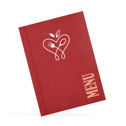 A classy clamp menu with a red cover featuring a white 'menu' logo.