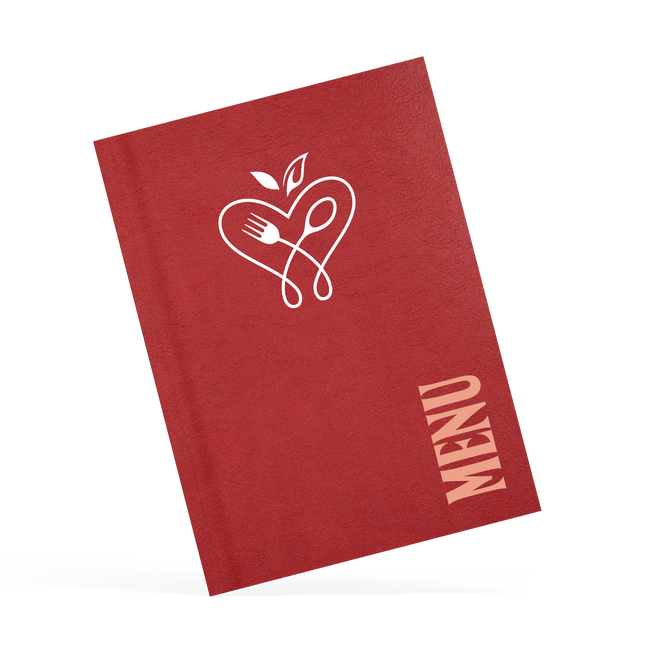 A classy clamp menu with a red cover featuring a white 'menu' logo.