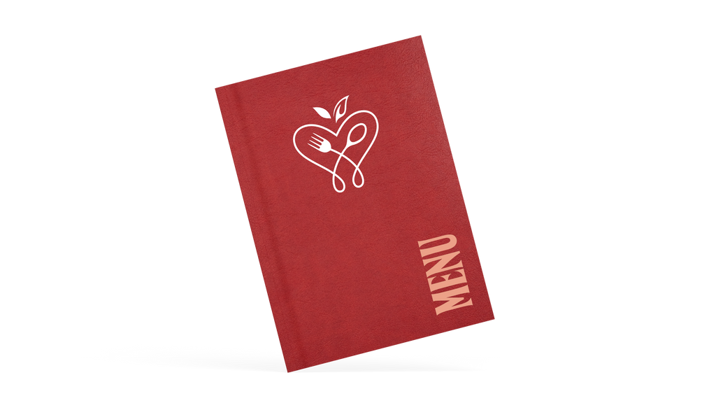 A classy clamp menu with a red cover featuring a white 'menu' logo.