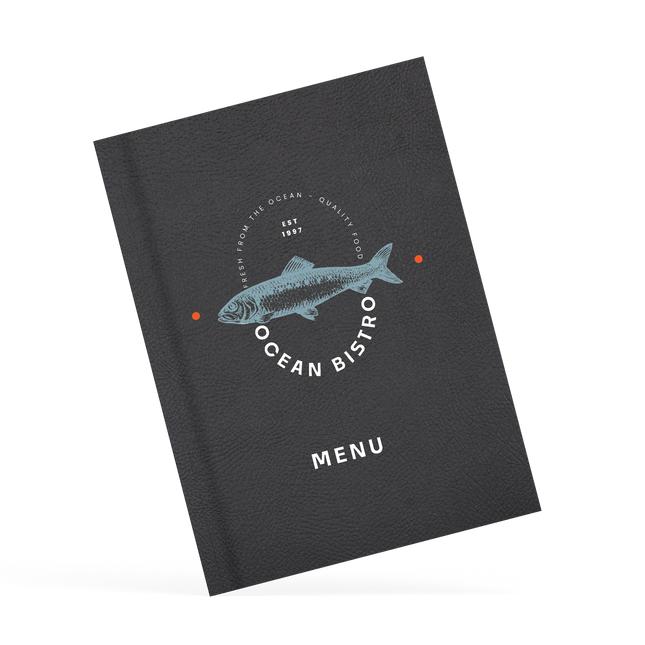 A classy clamp menu with a black cover featuring a white 'ocean bistro' logo.