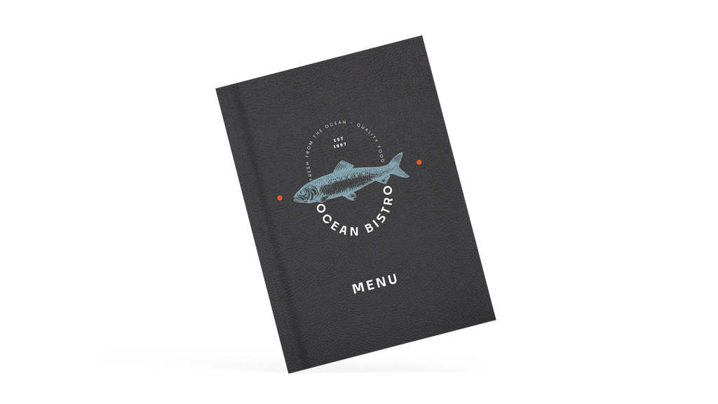 A classy clamp menu with a black cover featuring a white 'ocean bistro' logo.