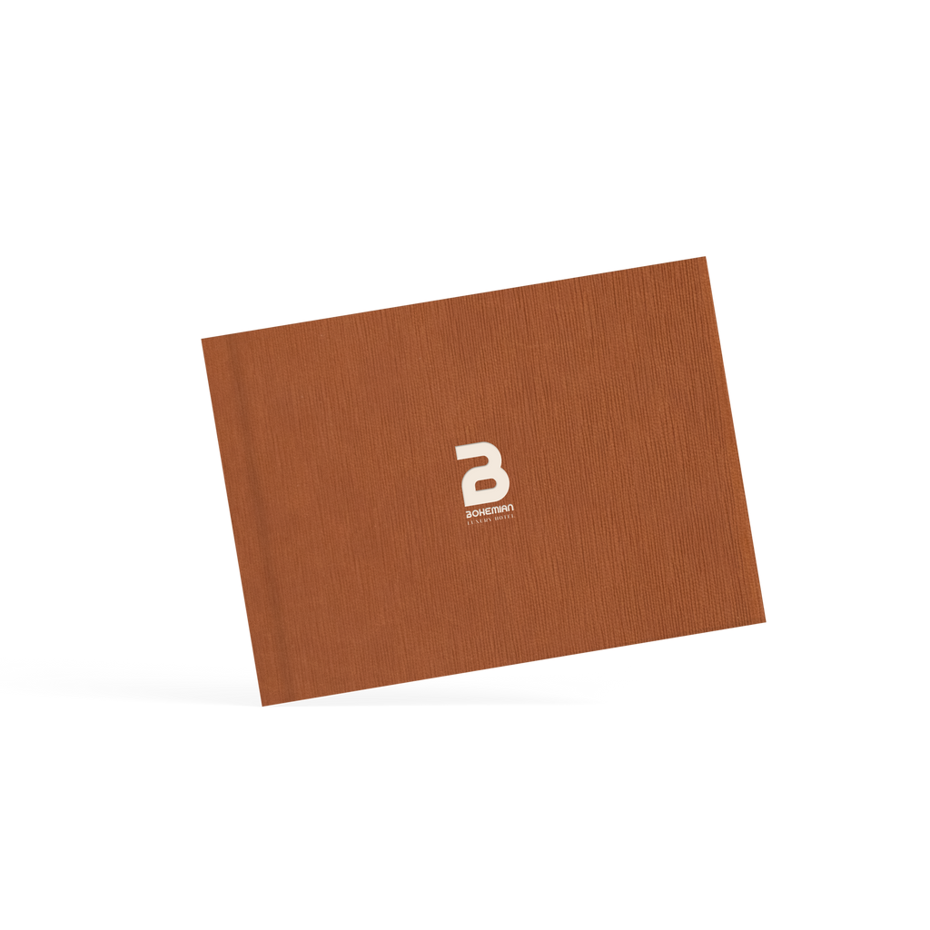 Brown textured menu with a logo on a white background