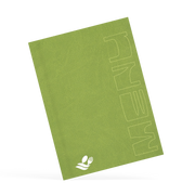 A classy clamp menu with a green cover featuring a white 'menu' logo.