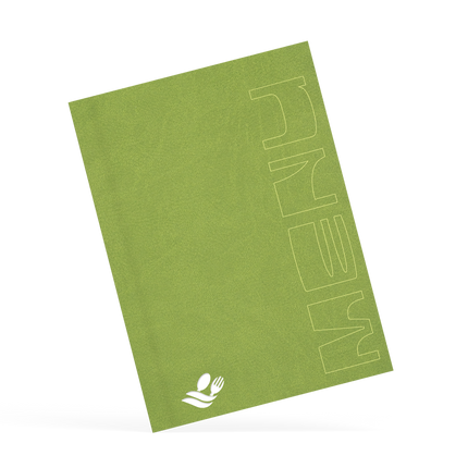 A classy clamp menu with a green cover featuring a white 'menu' logo.