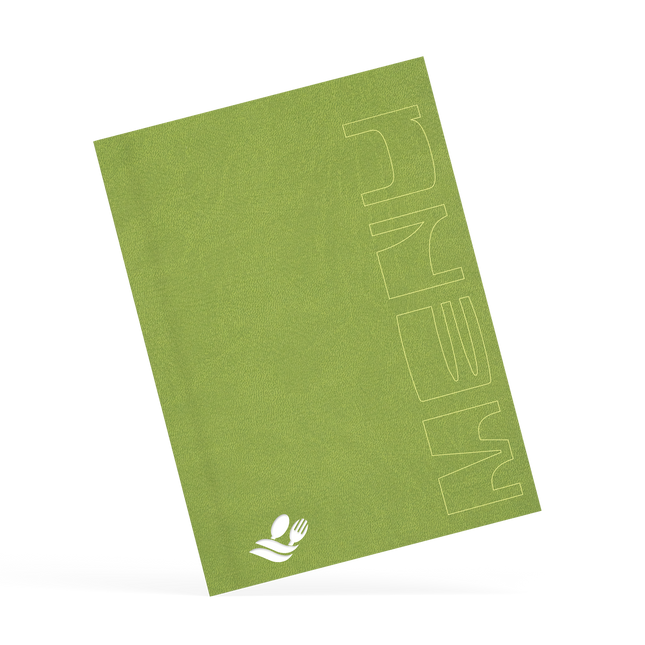 A classy clamp menu with a green cover featuring a white 'menu' logo.