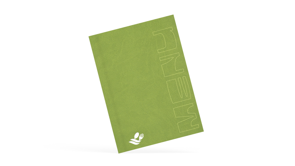 A classy clamp menu with a green cover featuring a white 'menu' logo.