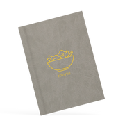 Gray menu cover with yellow bowl and 'menu' text on a white background