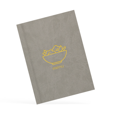 Gray menu cover with yellow bowl and 'menu' text on a white background