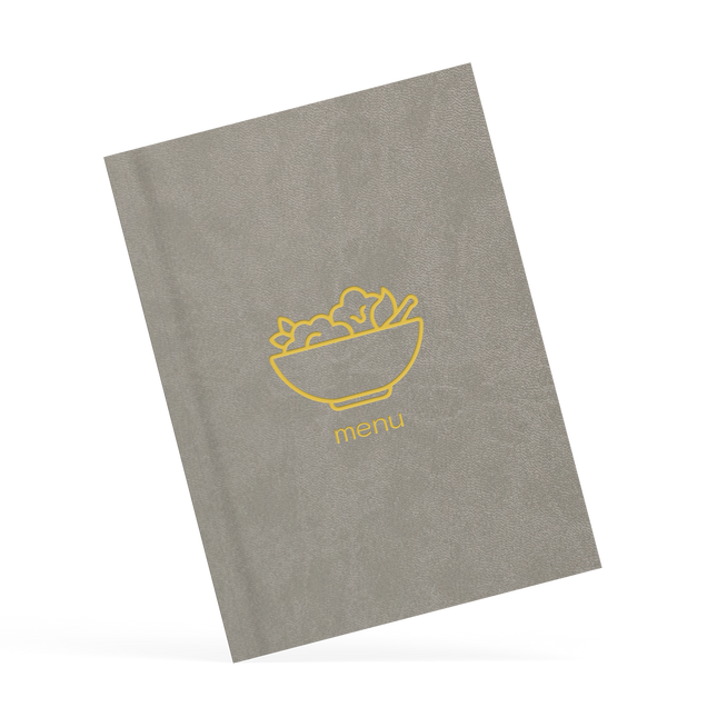 Gray menu cover with yellow bowl and 'menu' text on a white background