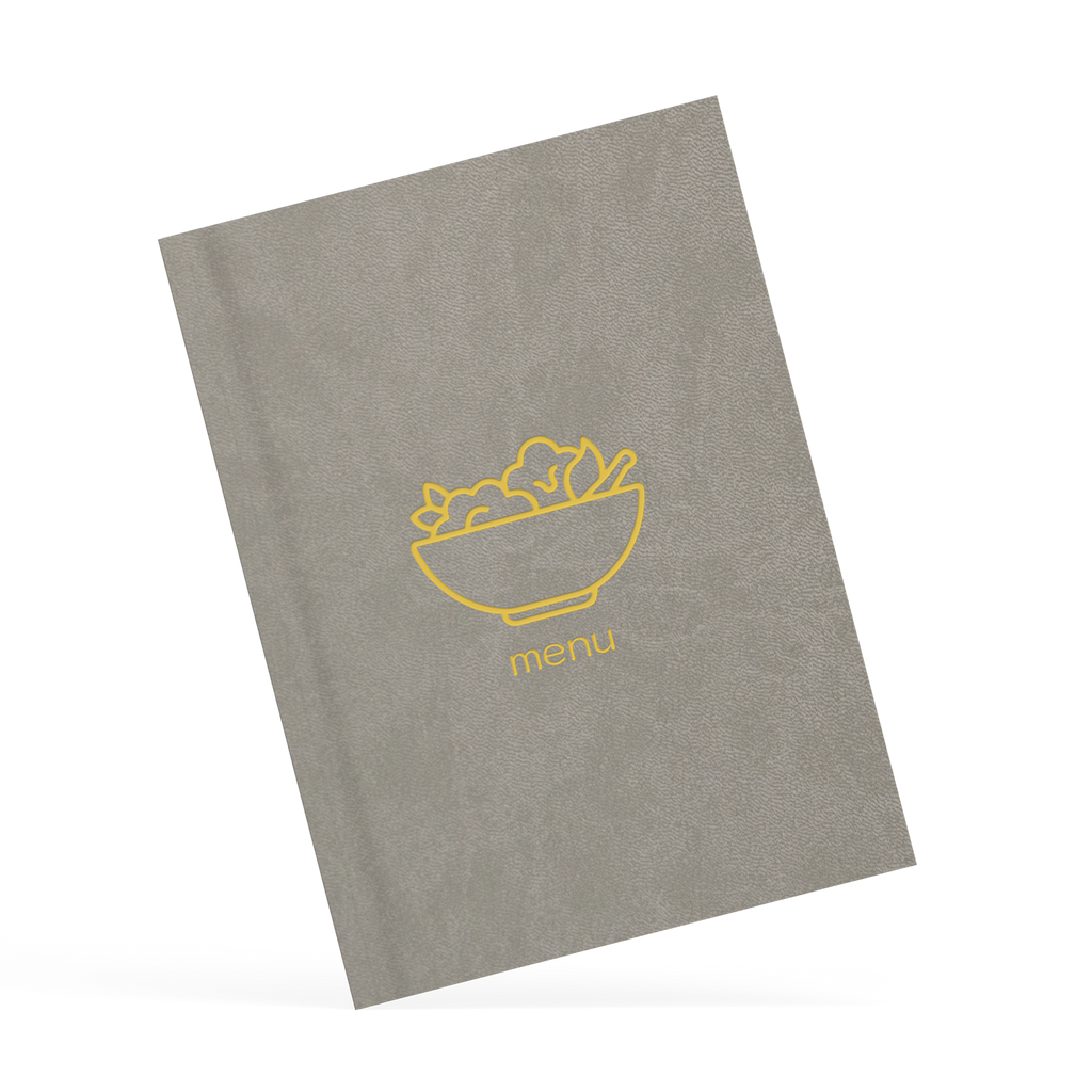 Gray menu cover with yellow bowl and 'menu' text on a white background