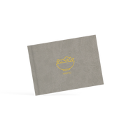Gray menu cover with yellow logo on a white background