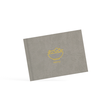 Gray menu cover with yellow logo on a white background