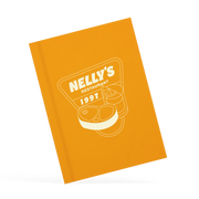A classy clamp menu with a yellow cover featuring a white 'nelly's' logo.