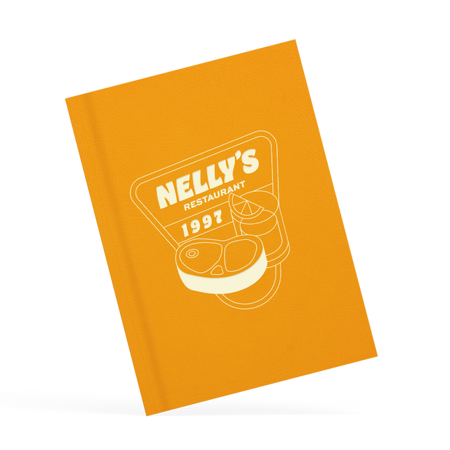 A classy clamp menu with a yellow cover featuring a white 'nelly's' logo.