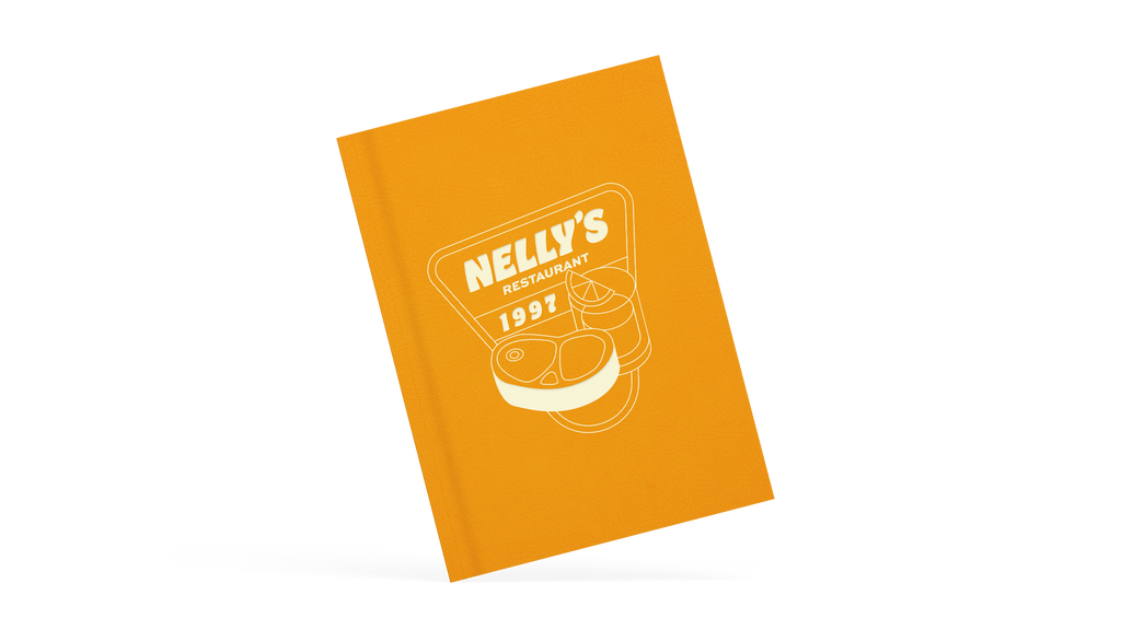 A classy clamp menu with a yellow cover featuring a white 'nelly's' logo.