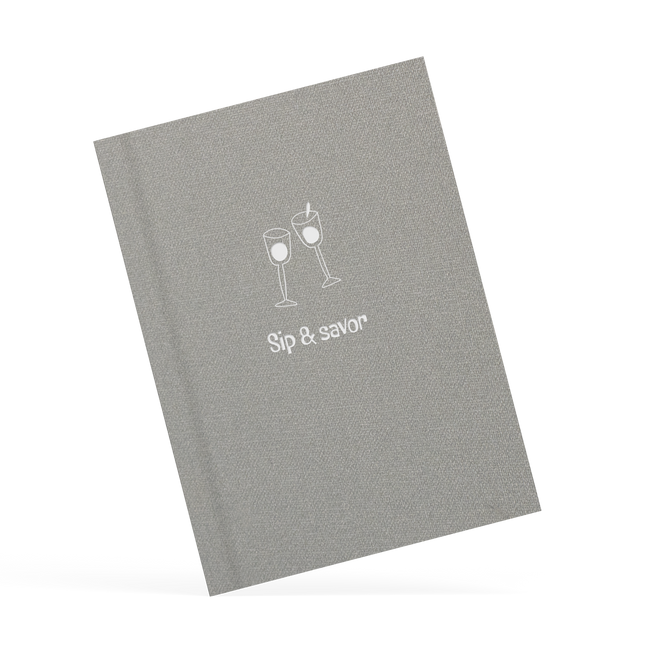 Gray menu with 'Sip & Savor' text and wine glass illustrations on a white background