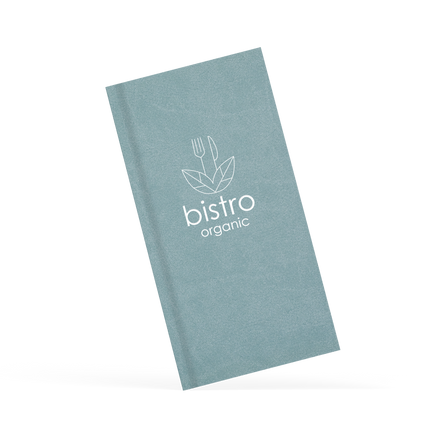 Blue menu with bistro branding in white on the front 
