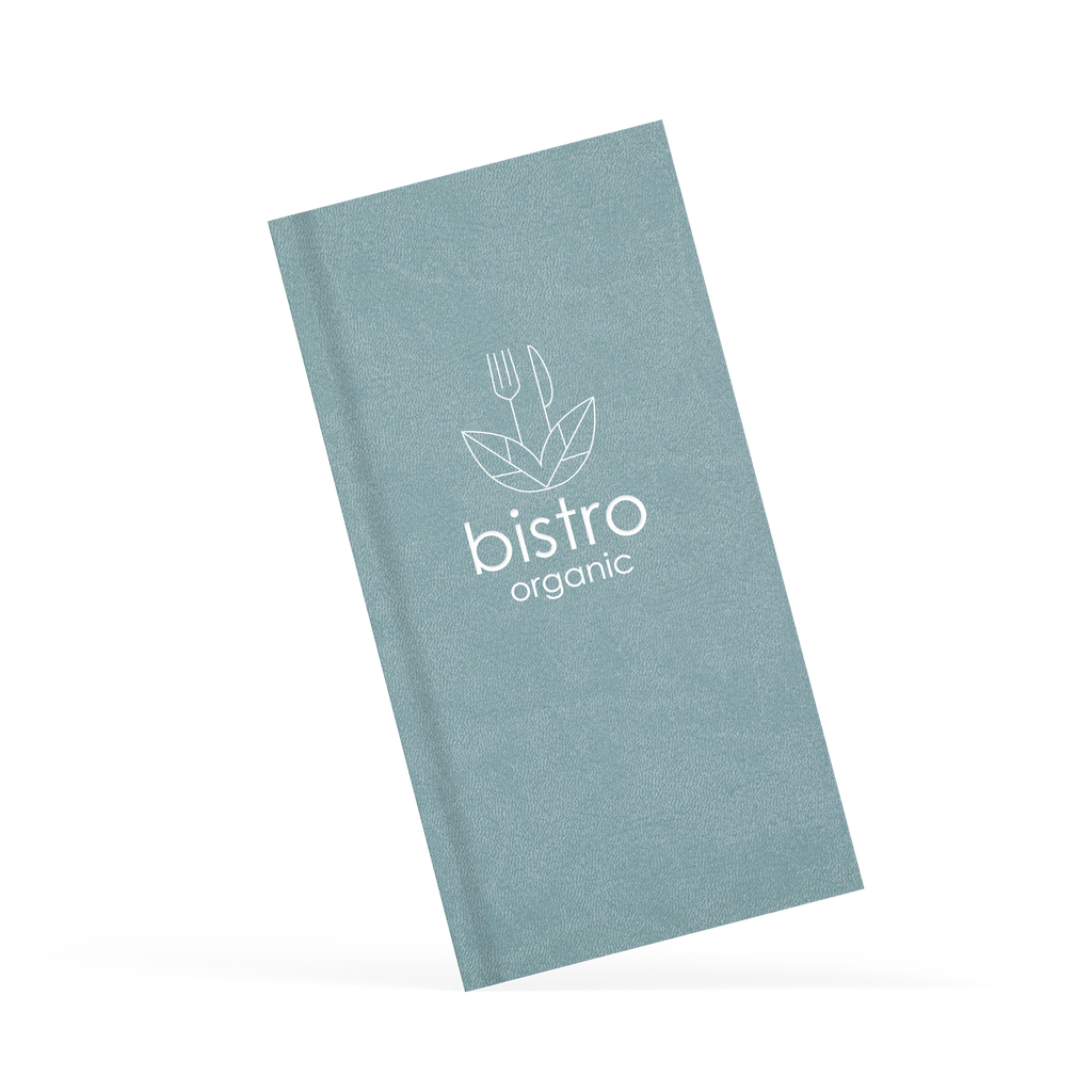 Blue menu with bistro branding in white on the front 