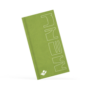 Green menu with branding in white on the front 