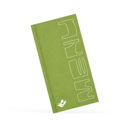 Green menu with branding in white on the front 