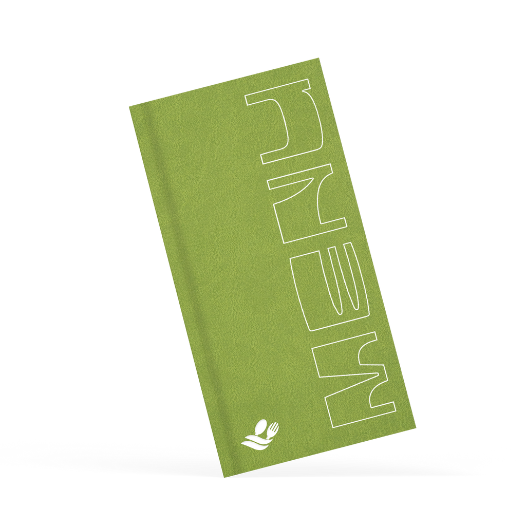 Green menu with branding in white on the front 
