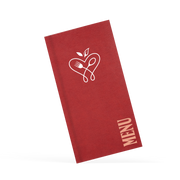 Red menu with branding in white on the front 
