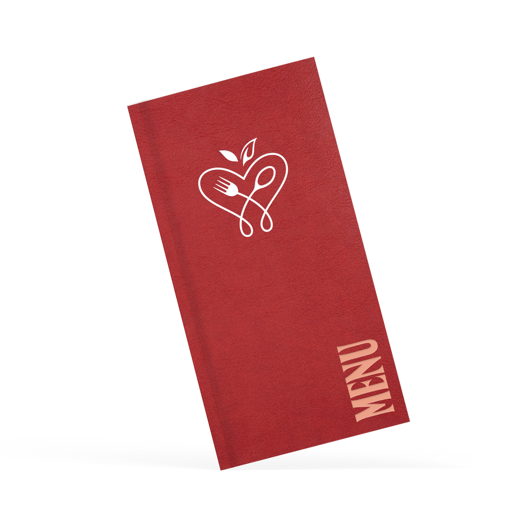 Red menu with branding in white on the front 