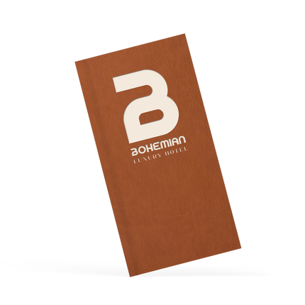 Brown menu with white logo and text on a white background