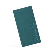 Teal cocktail menu with embossed text on a white background