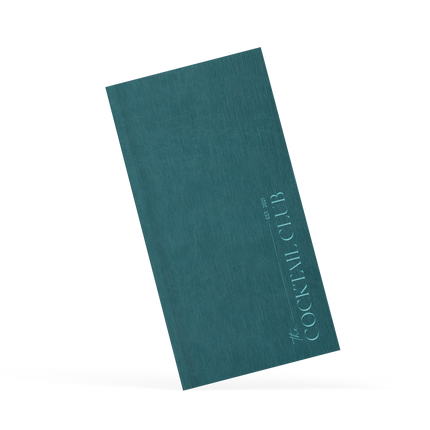 Teal cocktail menu with embossed text on a white background