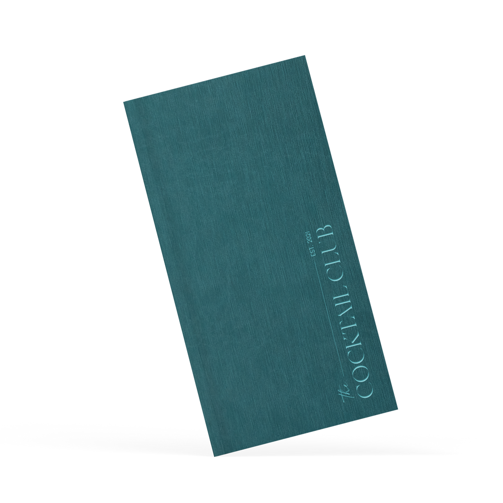 Teal cocktail menu with embossed text on a white background
