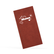 Brown menu with menu branding in white on the front 