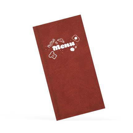 Brown menu with menu branding in white on the front 