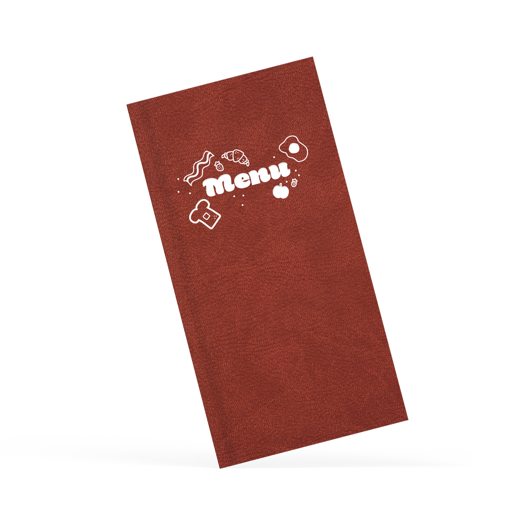 Brown menu with menu branding in white on the front 