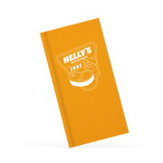Orange menu with nelly's restaurant branding in white on the front 
